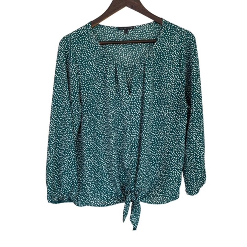 West Kei Stitch Fix Green and White Long Sleeve Blouse with Front Tie - Large